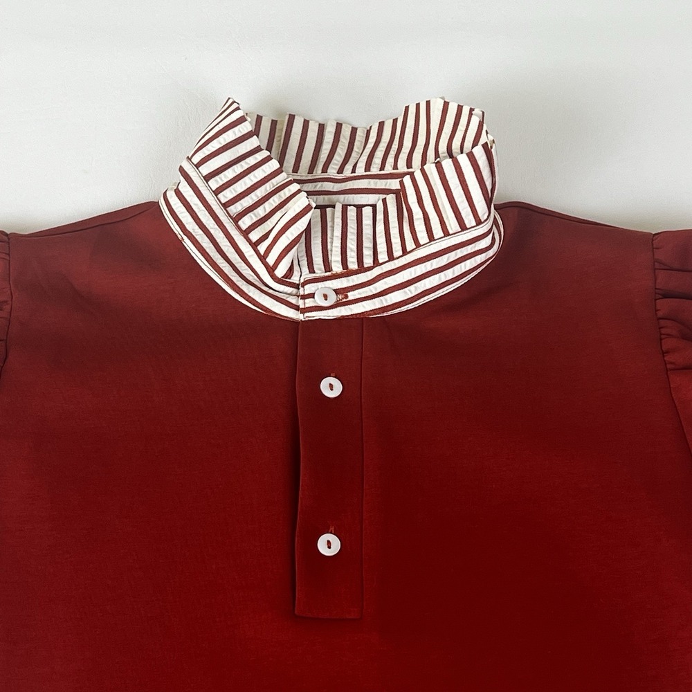entro Rust Henley Top with Striped Collar & Cuffs - Like New Fall Transition - Picture 2 of 8
